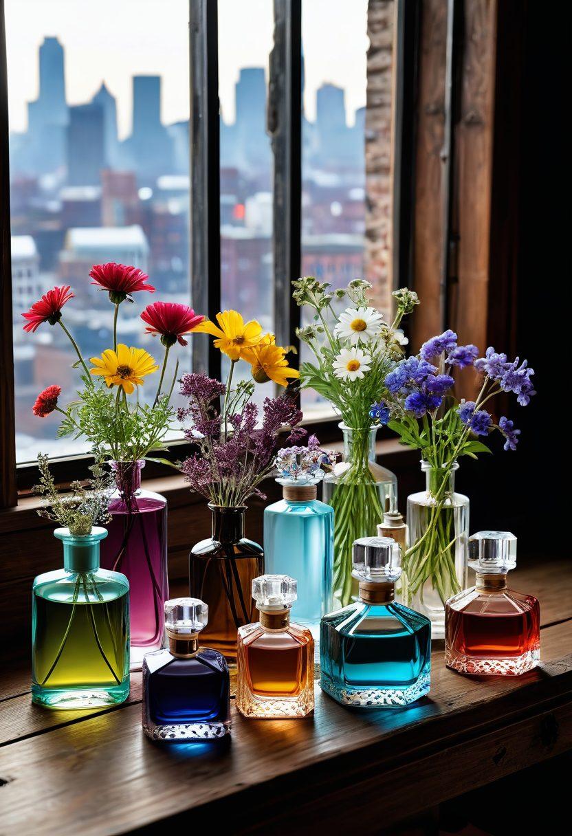 A captivating still life scene featuring an array of colorful perfume bottles, aromatic herbs, and delicate flowers arranged elegantly on a wooden table. Soft, warm light filters through a window, casting gentle shadows and highlighting the textures of the fragrant elements. In the background, a hint of a city skyline can be seen, suggesting an urban exploration of fragrance trends. The atmosphere conveys a sense of luxury and sophistication. super-realistic. vibrant colors. soft lighting.