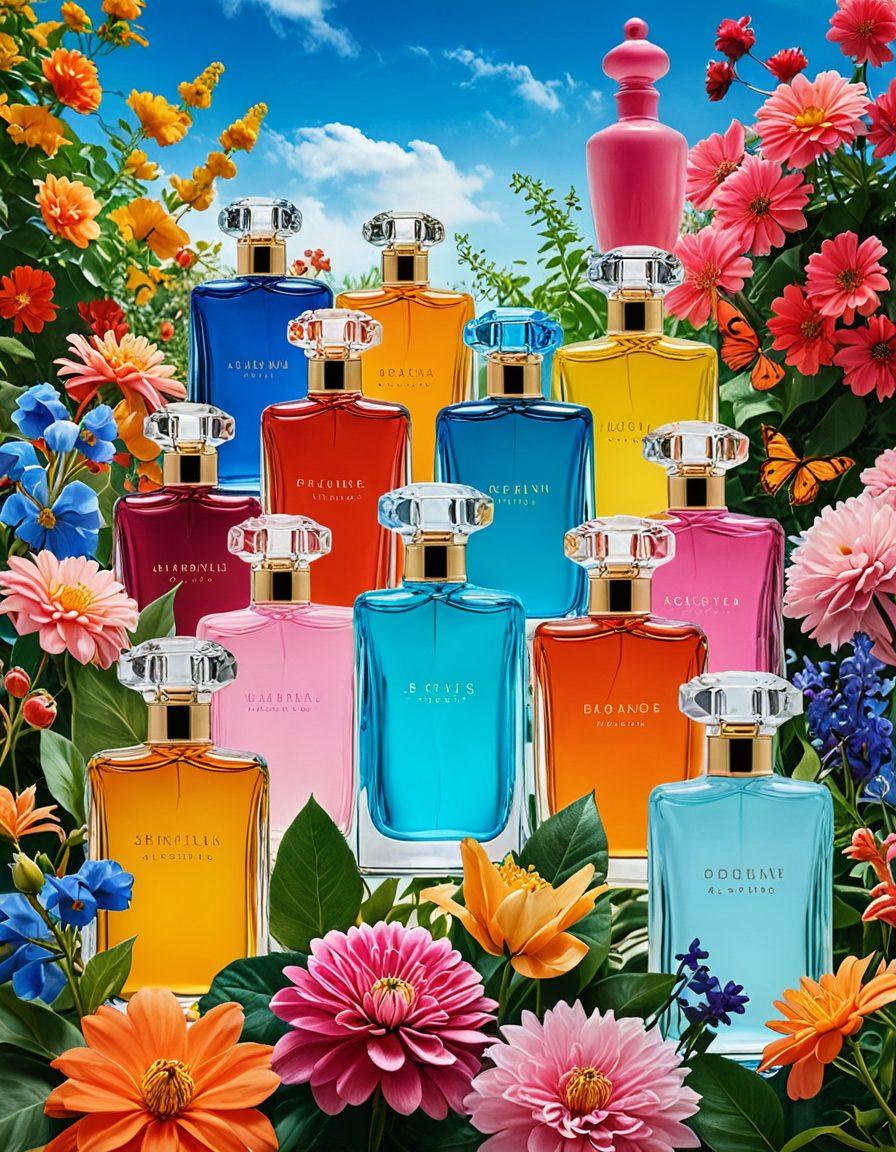 A colorful collage of diverse people happily sharing and reviewing various perfume bottles in an inviting, fragrant garden filled with blooming flowers. Include aromatic vapors swirling around them, showcasing a sense of community and the joy of exploration in fragrances. The background features a bright blue sky and lush greenery to evoke a blissful atmosphere. super-realistic. vibrant colors.