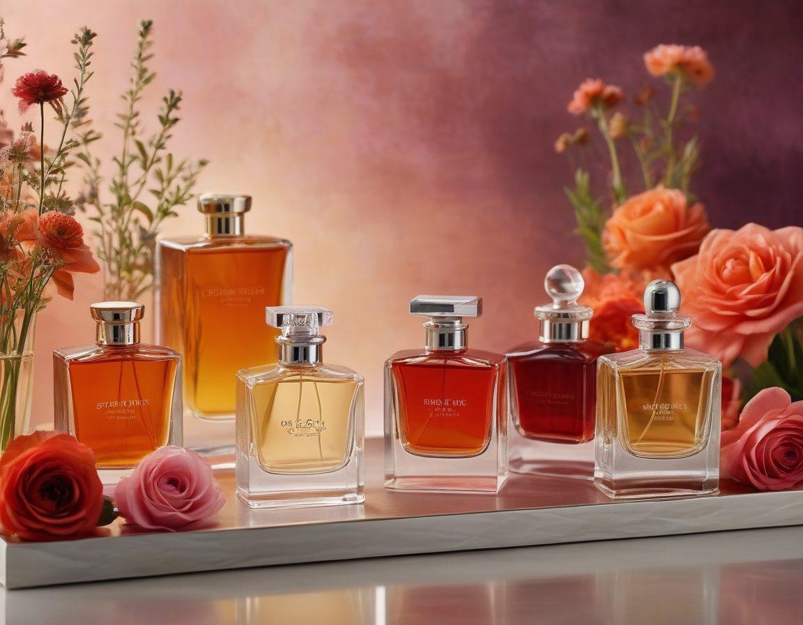A beautifully arranged display of diverse scent collection essentials: elegant glass perfume bottles laden with colorful liquids, aromatic oil vials, and luxury perfume boxes, all set against a soft, opulent backdrop. Include delicate floral elements and subtle aromatic herbs nearby to evoke a sensory experience. The lighting should accentuate the colors and textures, creating an inviting atmosphere. vibrant colors. soft focus.